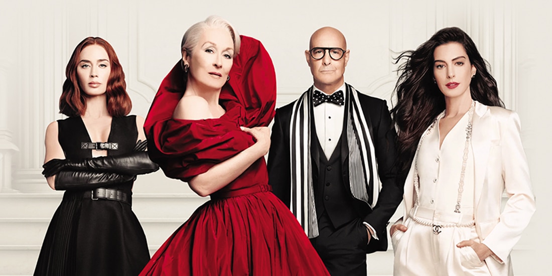 El elenco de la película: Emily Blunt, Meryl Streep, Stanley Tucci y Anne Hathaway en el arte promocional.