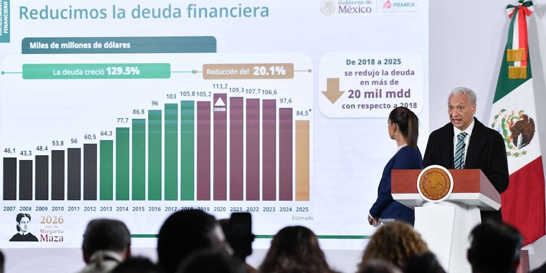Víctor Rodríguez Padilla, director general de Pemex, durante su intervención en la conferencia matutina en la que se presentó el avance del "Plan de Fortalecimiento de Pemex"