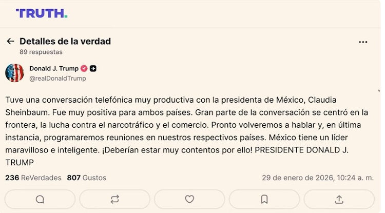 Post que realizó el presidente, Donald Trump tras llamada con Sheinbaum