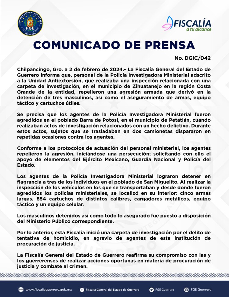 Comunicado de la Fiscalía de Guerrero.