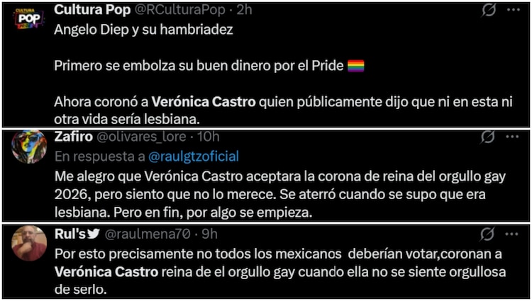 Comentarios en X sobre la coronación de Verónica Castro como Reina Estrella Aliada 2026 en el Pride 2026