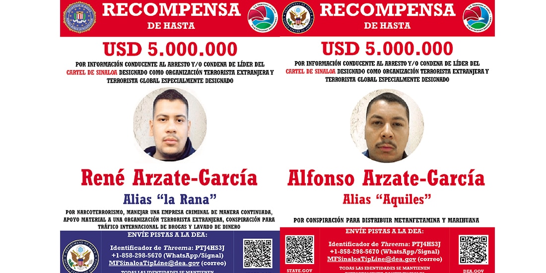 Fichas de recompensa de René y Alfonso Arzate García, en imagen de archivo.