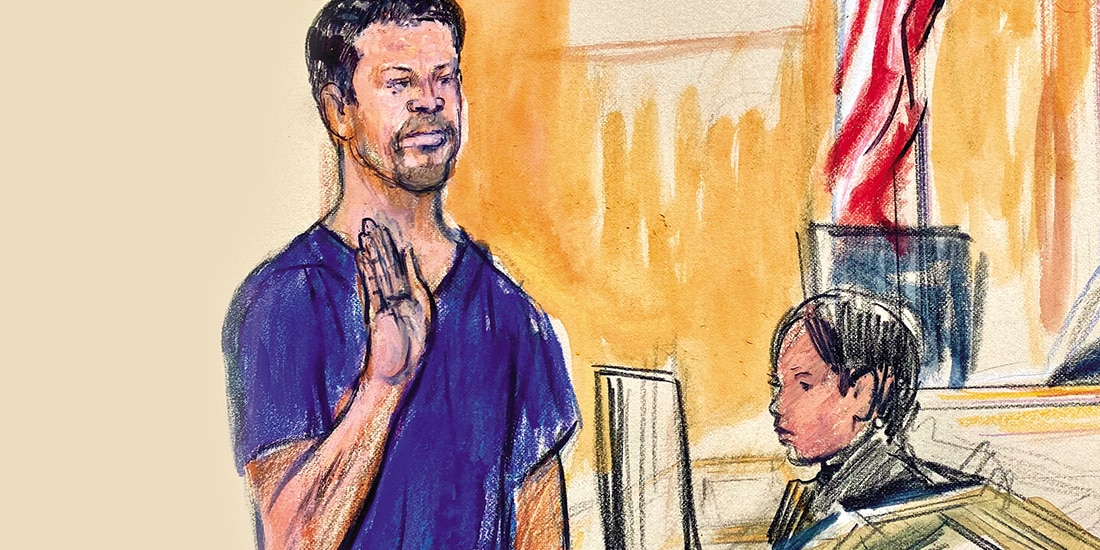 Boceto judicial muestra al atacante en comparecencia, ayer.