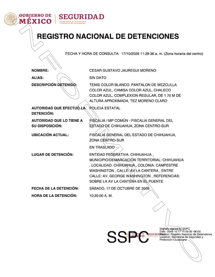 Ficha del Registro Nacional de Detenciones a nombre de César Jáuregui.