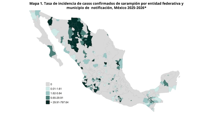 Mapa de casos de sarampión confirmados en México