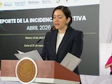 Marcela Figueroa, titular de la SESNSP, expone cifras en la conferencia matutina.