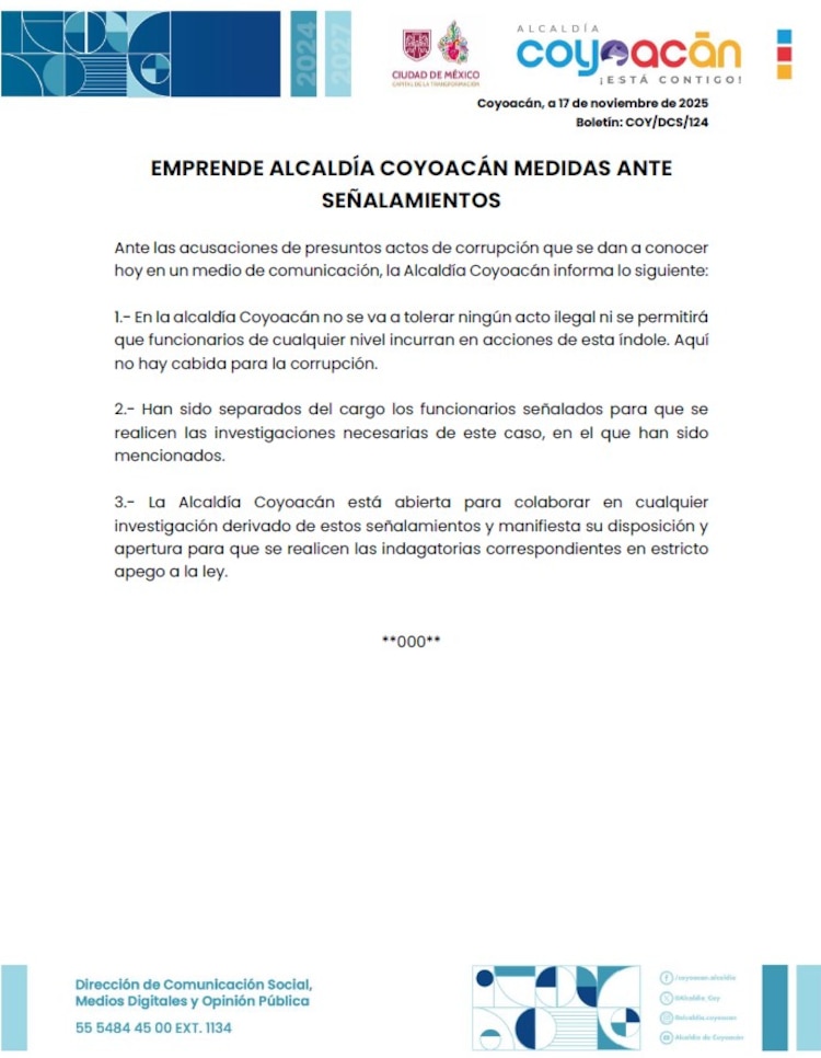 Comunicado de la alcaldía Coyoacán.