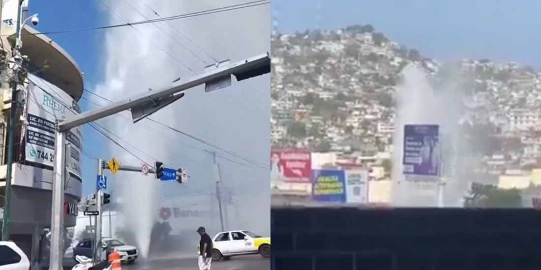 Obras provocan enorme fuga de agua en la avenida Cuauhtémoc de Acapulco, Guerrero.