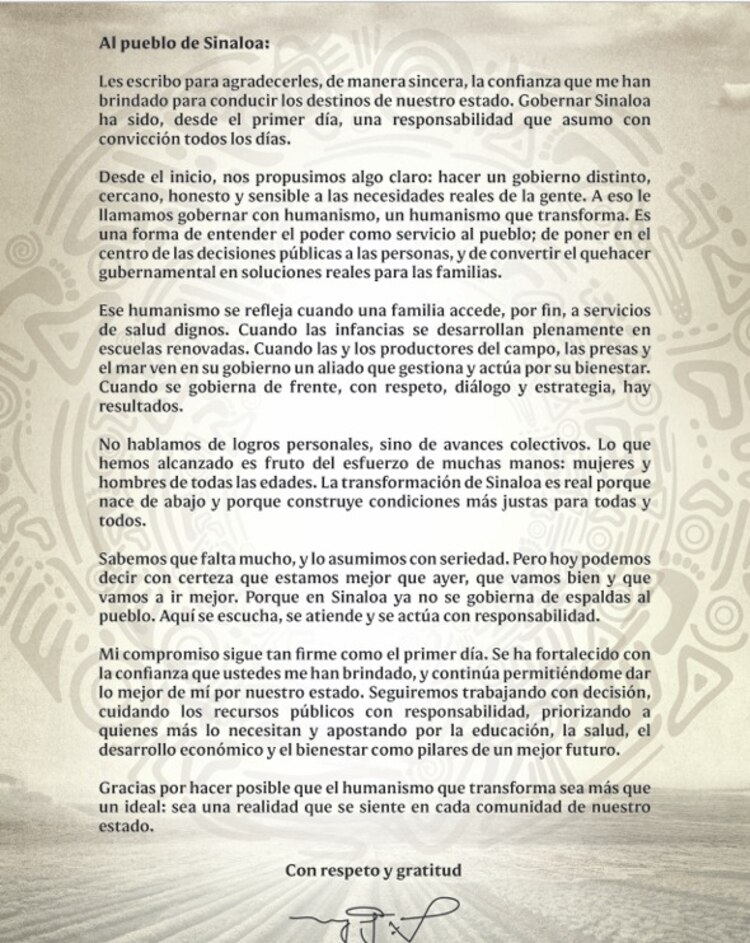 Escrito del gobernador de Sinaloa.