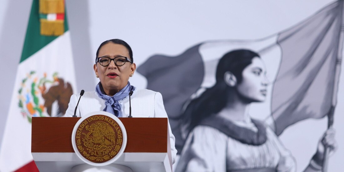 La secretaria de Gobernación, Rosa Icela Rodríguez, ayer, en conferencia.
