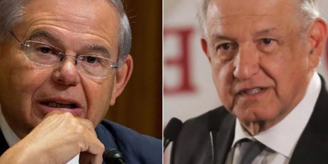 Bob Menéndez, senador de EU (izq.) acusa que AMLO (der.) trato de chantajear a su homólogo estadounidense Joe Biden.