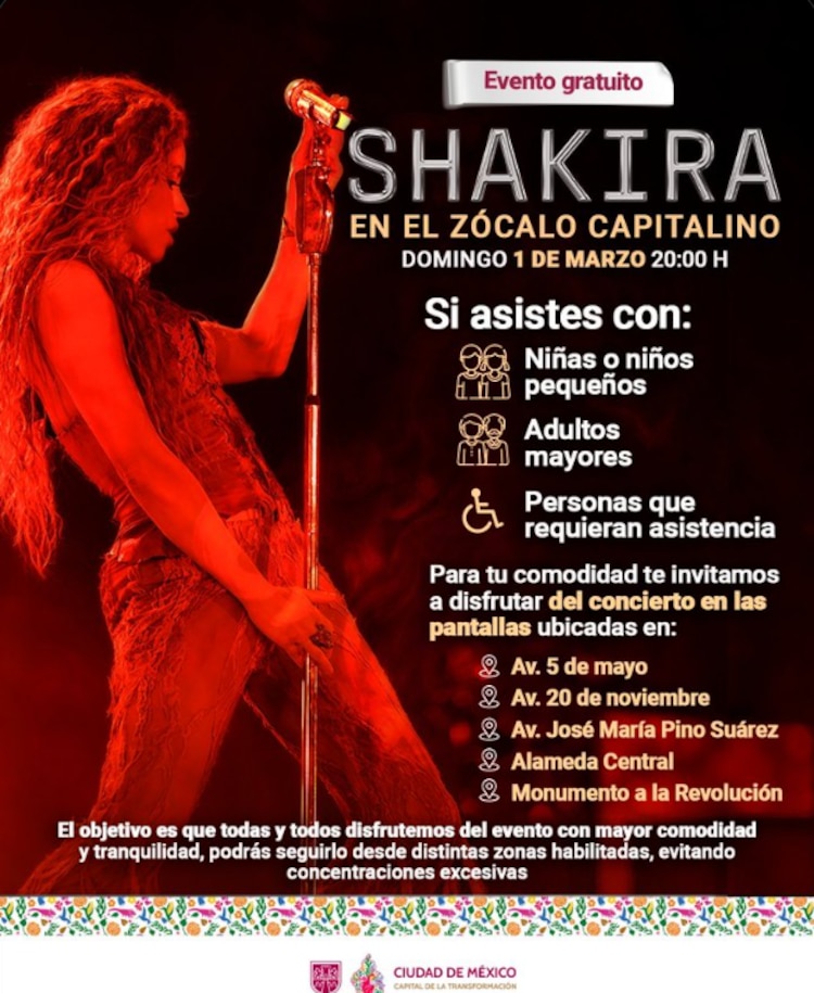 Ubicación de las pantallas para mirar el show de Shakira en el Zócalo