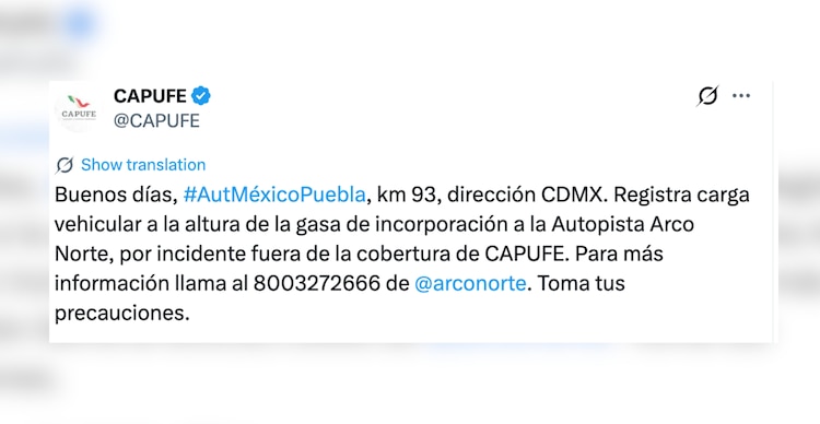 Capufe sobre accidente en Arco Norte