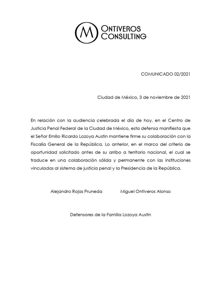 La defensa de Emilio Lozoya emitió un comunicado tras la audiencia de este miércoles.