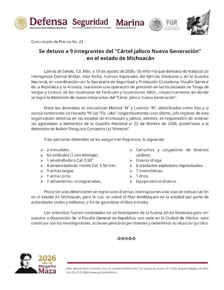 Comunicado de prensa de autoridades federales sobre operativo en Michoacán
