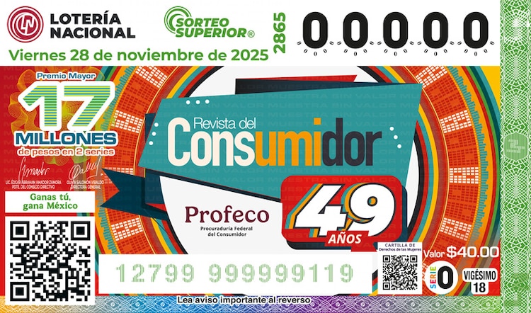 El billete del Sorteo Superior 2865 está dedicado al 49 aniversario de la Revista del Consumidor.