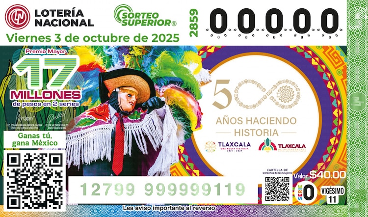 El billete del Sorteo Superior 2859 está dedicado a los 500 años de la fundación de la ciudad de Tlaxcala.