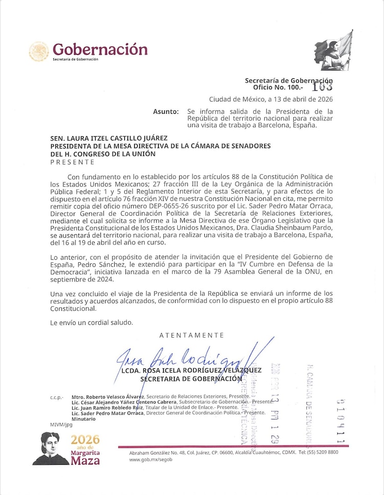 Notificación de la salida del país de la Presidenta Claudia Sheinbaum.