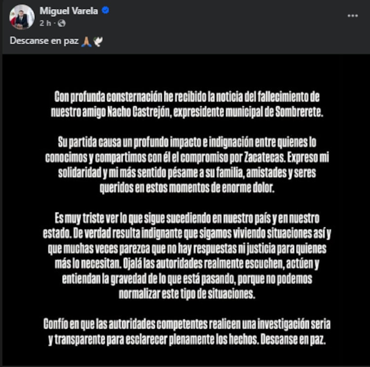 Miguel Varela, presidente Municipal de Zacatecas externó sus condolencias