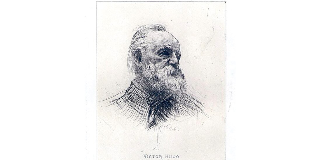 Auguste Rodin, Victor Hugo de tres cuartos, punta seca en papel tendido, detalle, 1885.