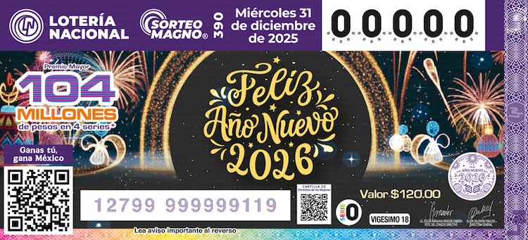El Sorteo Magno 390 de la Lotería Nacional se realiza este 31 de diciembre de 2025 por el Fin de Año.