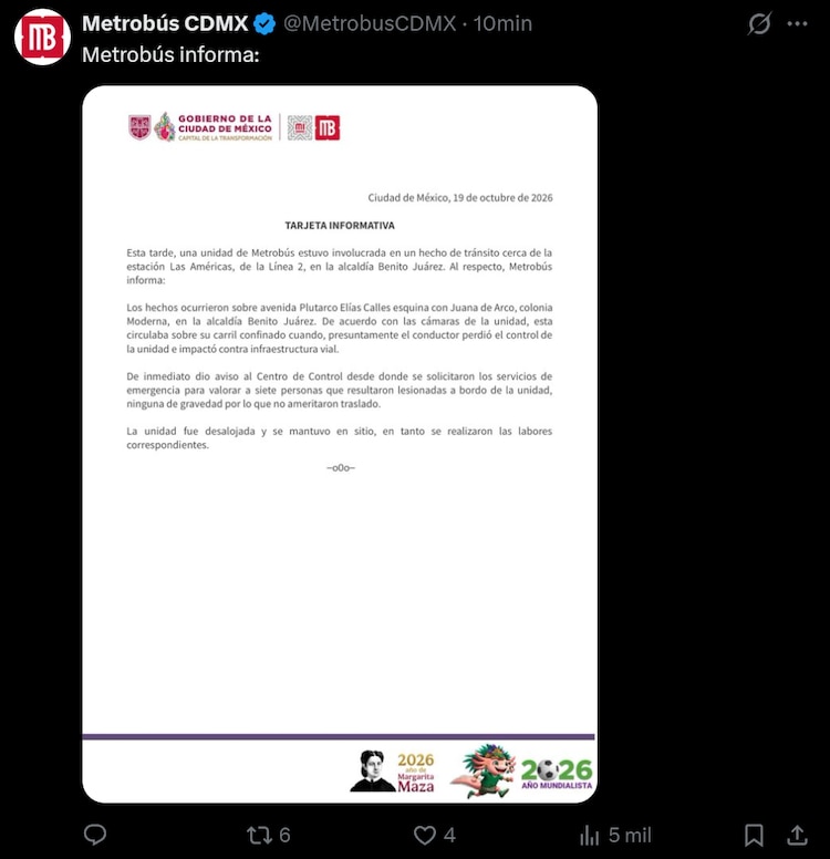 Choque de unidad del Metrobús en la Ciudad de México, el 19 de octubre de 2026.
