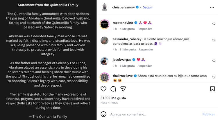 Mensaje de Chris Pérez sobre la muerte de Abraham Quintanilla