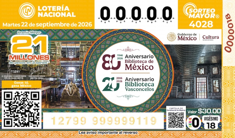 El Sorteo Mayor 4028 está dedicado a los 20 años de la Biblioteca Vasconcelos - 80 años de la Biblioteca de México.