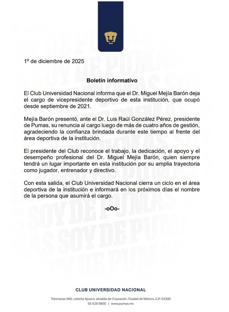 Pumas anuncia la salida de Miguel Mejía Barón