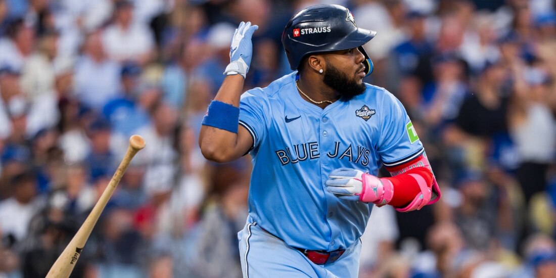 Vladimir Guerrero Jr., de los Toronto Blue Jays , celebra su home run ante Dodgers en la Serie Mundial