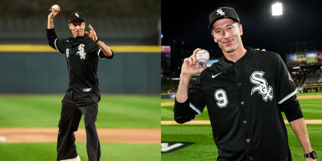Robert Lewandowski lanzando la primera bola en el Guaranteed Rate Field.