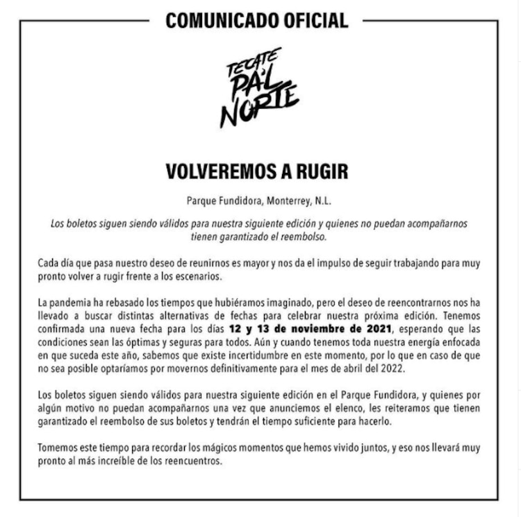 Festival Pa'l Norte 2021 anunció en Instagram sus nuevas fechas.
