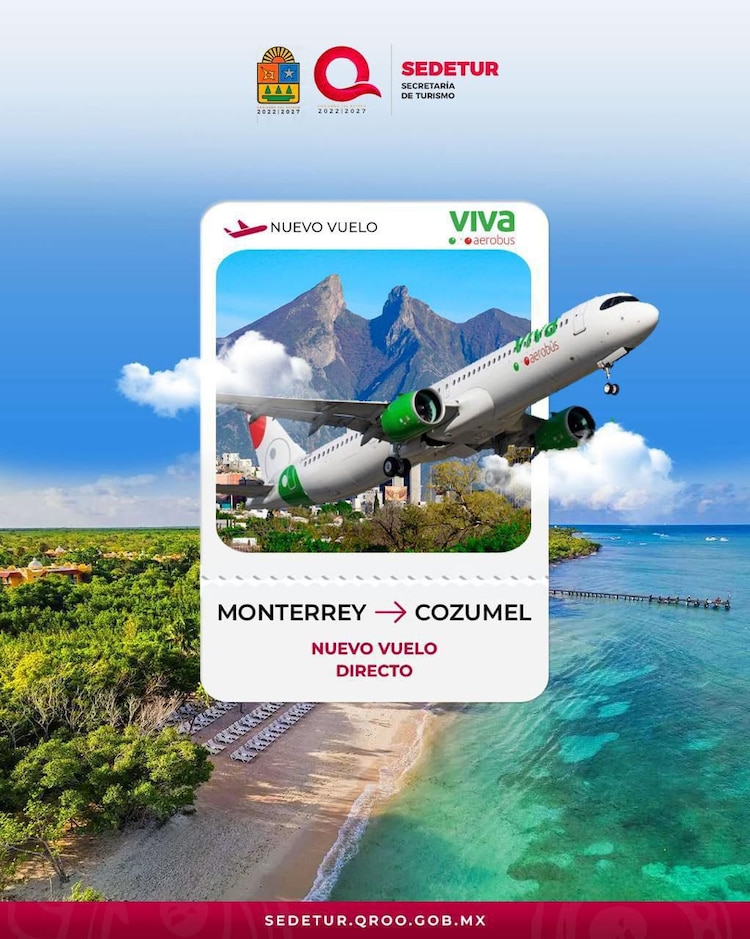 Vuelo directo entre Monterrey y Cozumel de Viva Aerobus.