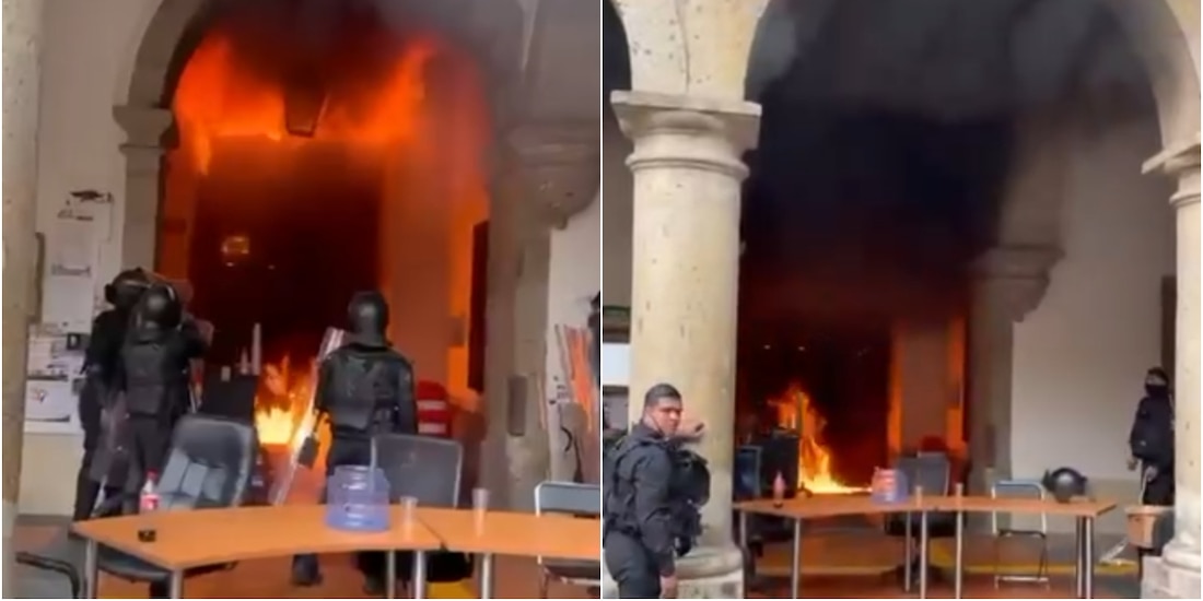 Incendio de acceso a Congreso de Jalisco tras protesta por el agua en Guadalajara, el 18 de octubre de 2026.