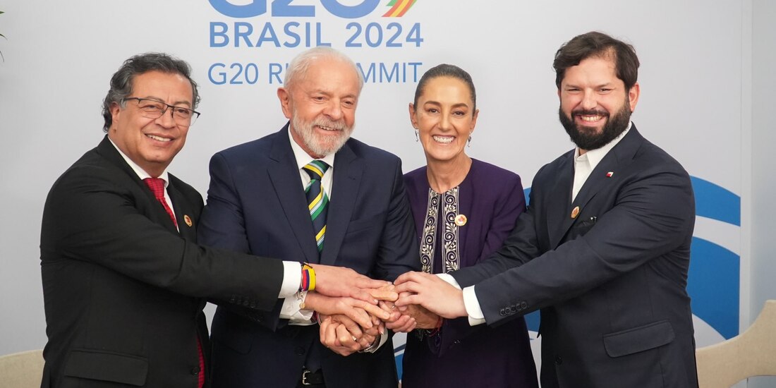 La Presidenta Claudia Sheinbaum, al centro junto a los presidentes de Colombia, Brasil y Chile. Foto: X, @Claudiashein