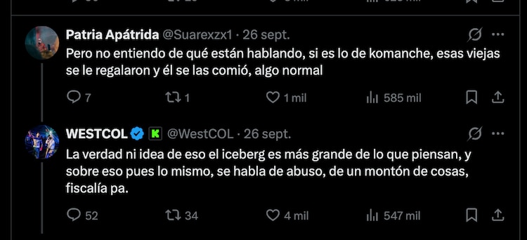 Westcol respondió a usuarios que defendieron a Komanche