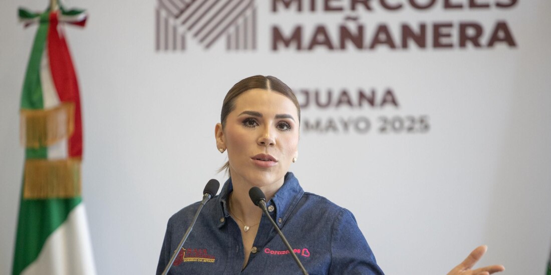 La gobernadora de BC, Marina del Pilar Ávila, ayer, en conferencia de prensa.