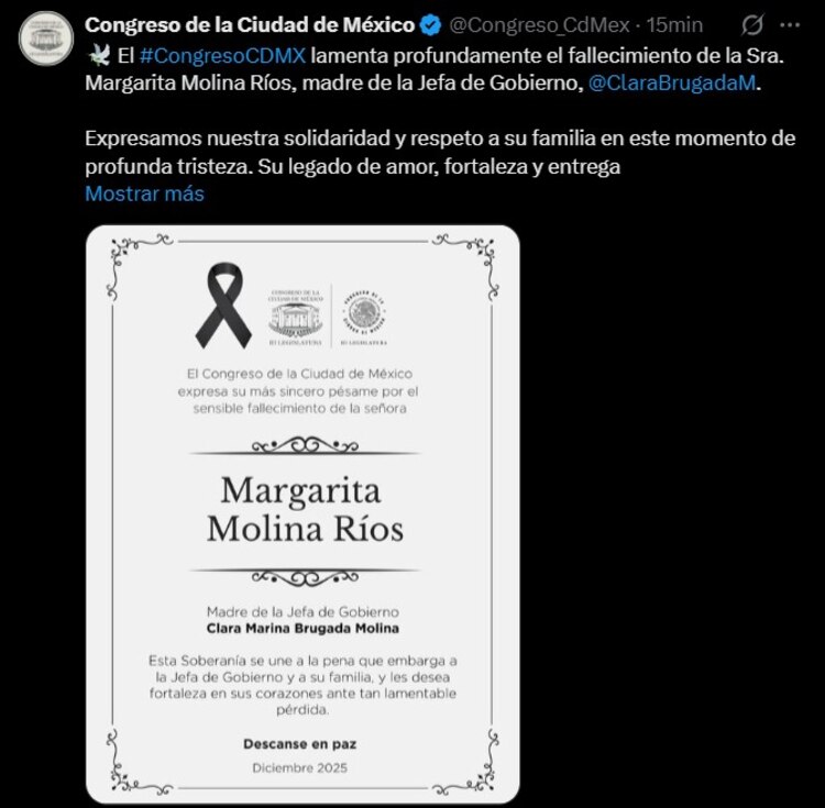 El Congreso de la Ciudad de México expresó su solidaridad tras la muerte de Margarita Molina Ríos, madre de Clara Brugada.