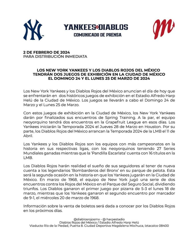 New York Yankees y Diablos Rojos del México se enfrentarán en CDMX