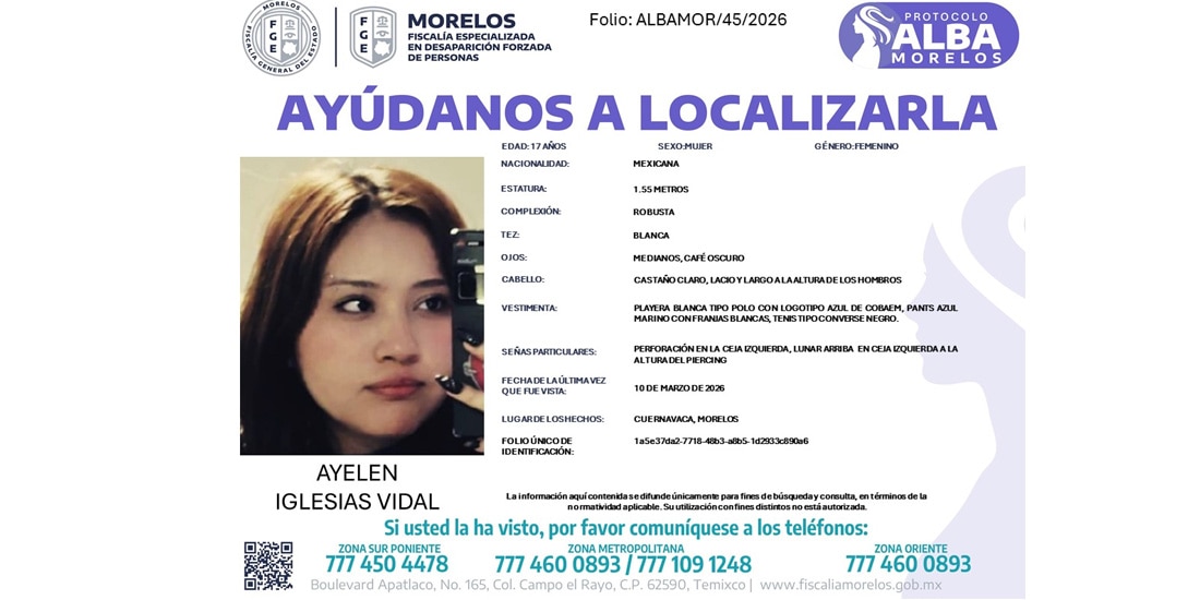 Ficha de búsqueda: Ayelén Iglesias Vidal, estudiante del Colegio de Bachilleres del Estado de Morelos