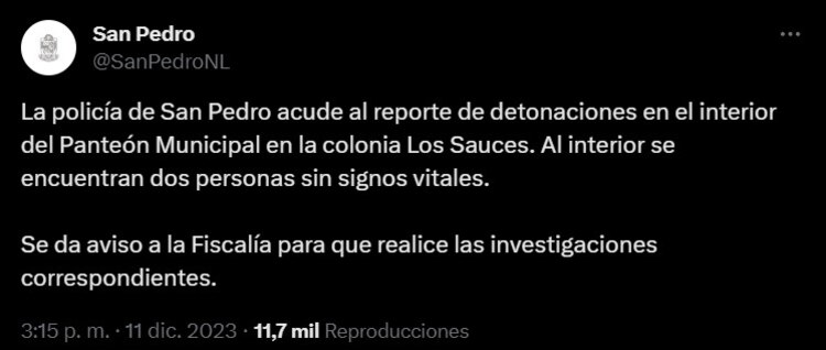 Así informó el municipio de San Pedro Garza García sobre la balacera en el panteón.