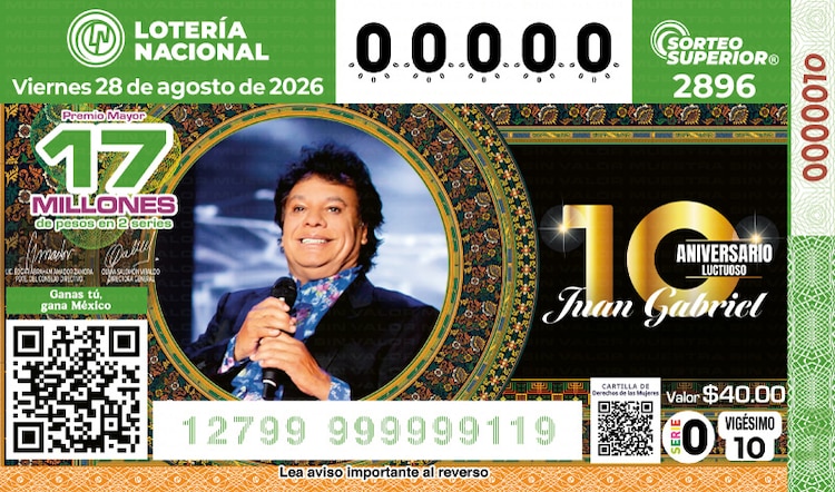 El billete del Sorteo Superior 2896 está dedicado al 10° Aniversario luctuoso de Juan Gabriel.