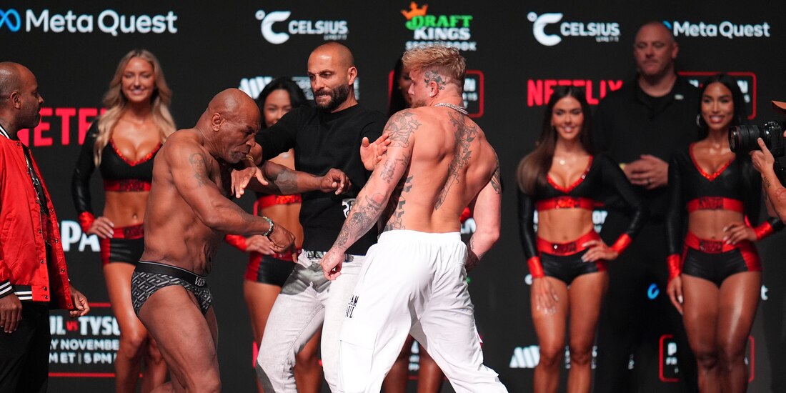 Los ánimos se encendieron entre Mike Tyson y Jake Paul en la ceremonia de pesaje. Foto: AP