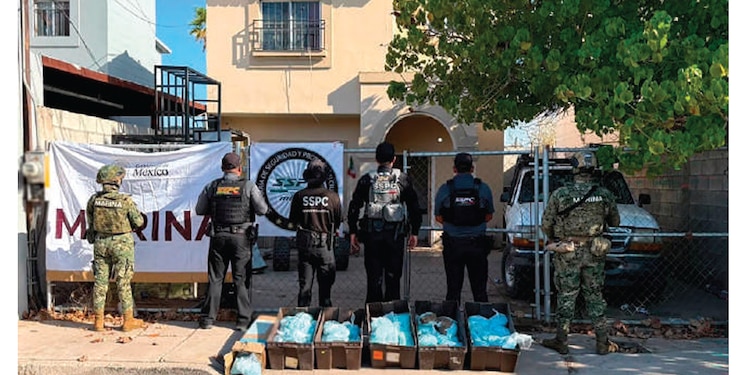 AUTORIDADES federales muestran la droga y la propiedad aseguradas ayer