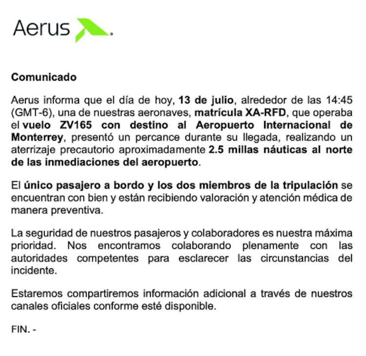 Comunicado de Aerus sobre el accidente aéreo registrado el 13 de julio de 2026 en Nuevo León.