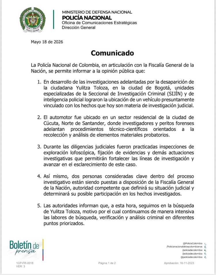 Comunicado de la Policía Nacional de Colombia sobre el caso Yulixa Toloza