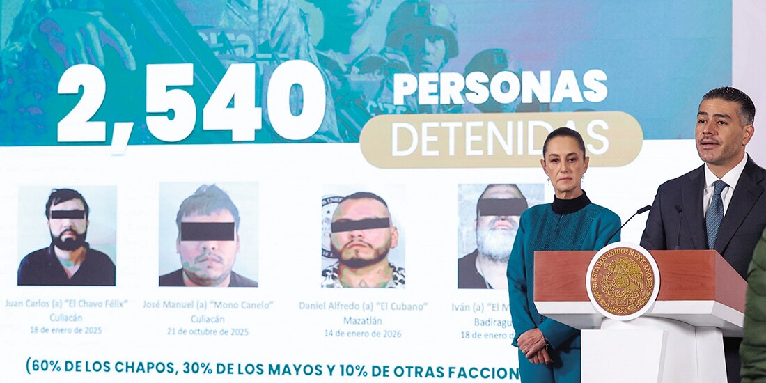 La Presidenta Sheinbaum y el secretario de Seguridad, García Harfuch, ayer.