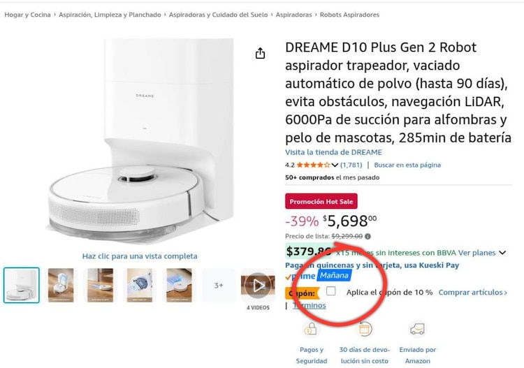 Dando clic a la casilla encerrada en el círculo podrás acceder a los cupones de Amazon.
