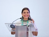 La Jefa de Gobierno, Clara Brugada Molina, durante su intervención en el informe anual 2025 de la CDHCM.