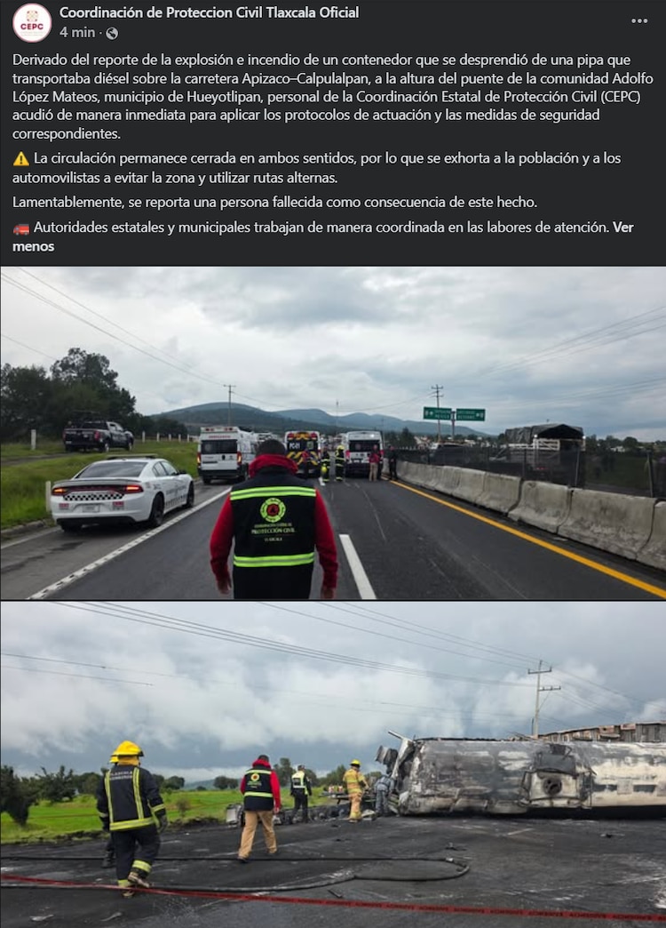 Protección Civil de Tlaxcala confirmó una persona fallecida.